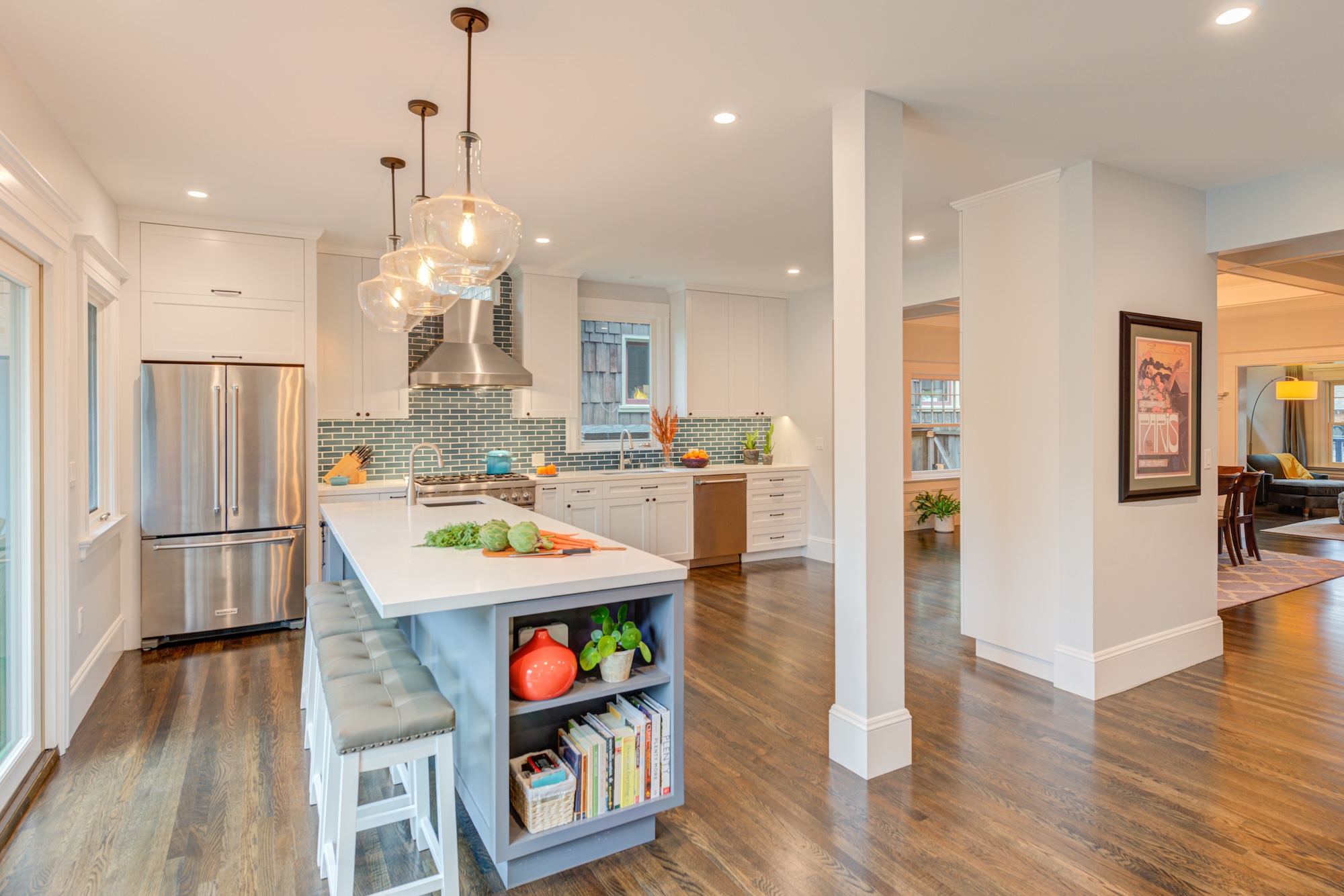 A remodeled home in Oakland featuring a bright kitchen with healthy materials, great ventilation, and smart upgrades for wellness