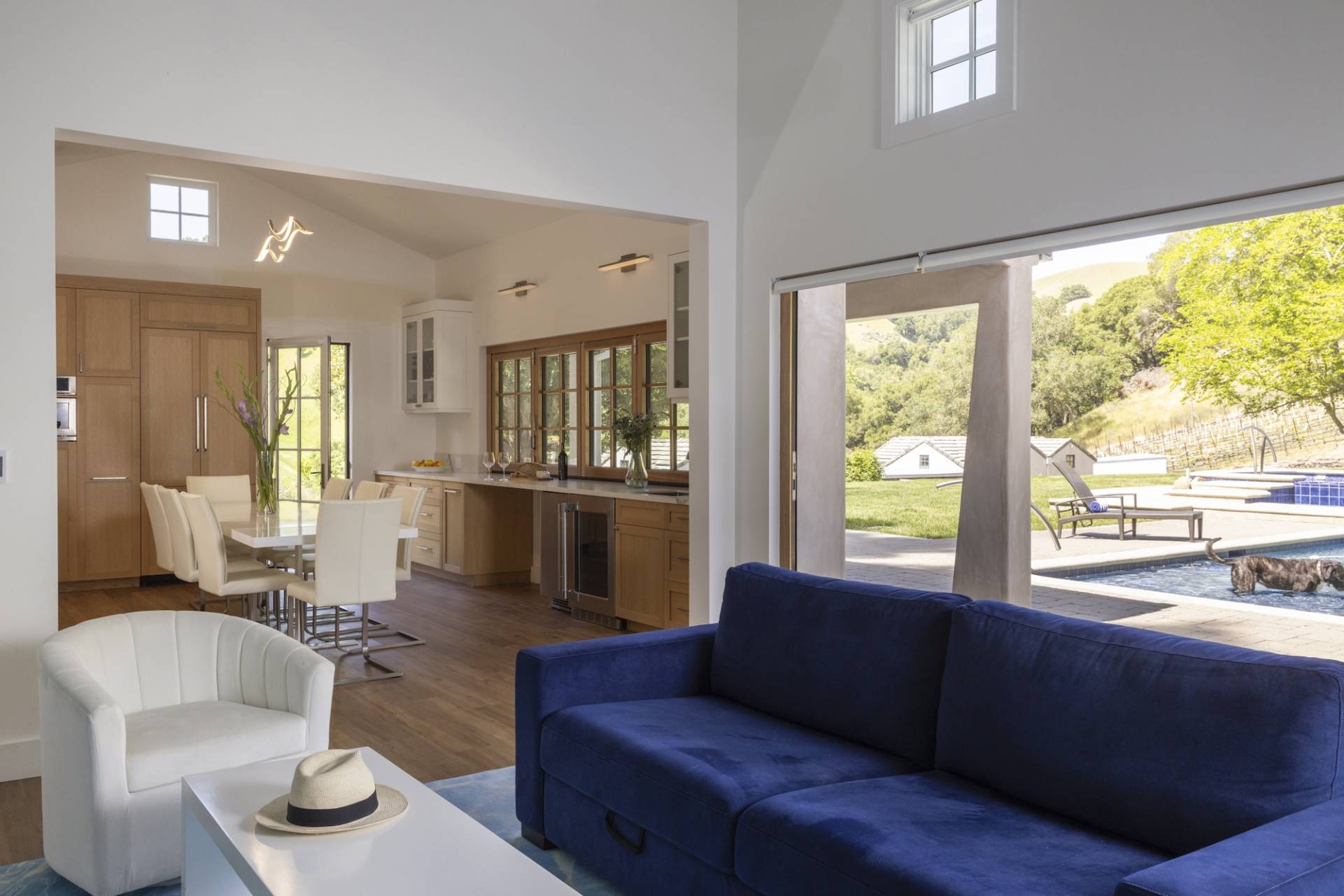 Lafayette, CA Pool House and ADU designed and built by Canyon Design Build. Featuring strong indoor/outdoor connection with master suite, fully equipped kitchen, outdoor shower, and renovated pool area. 